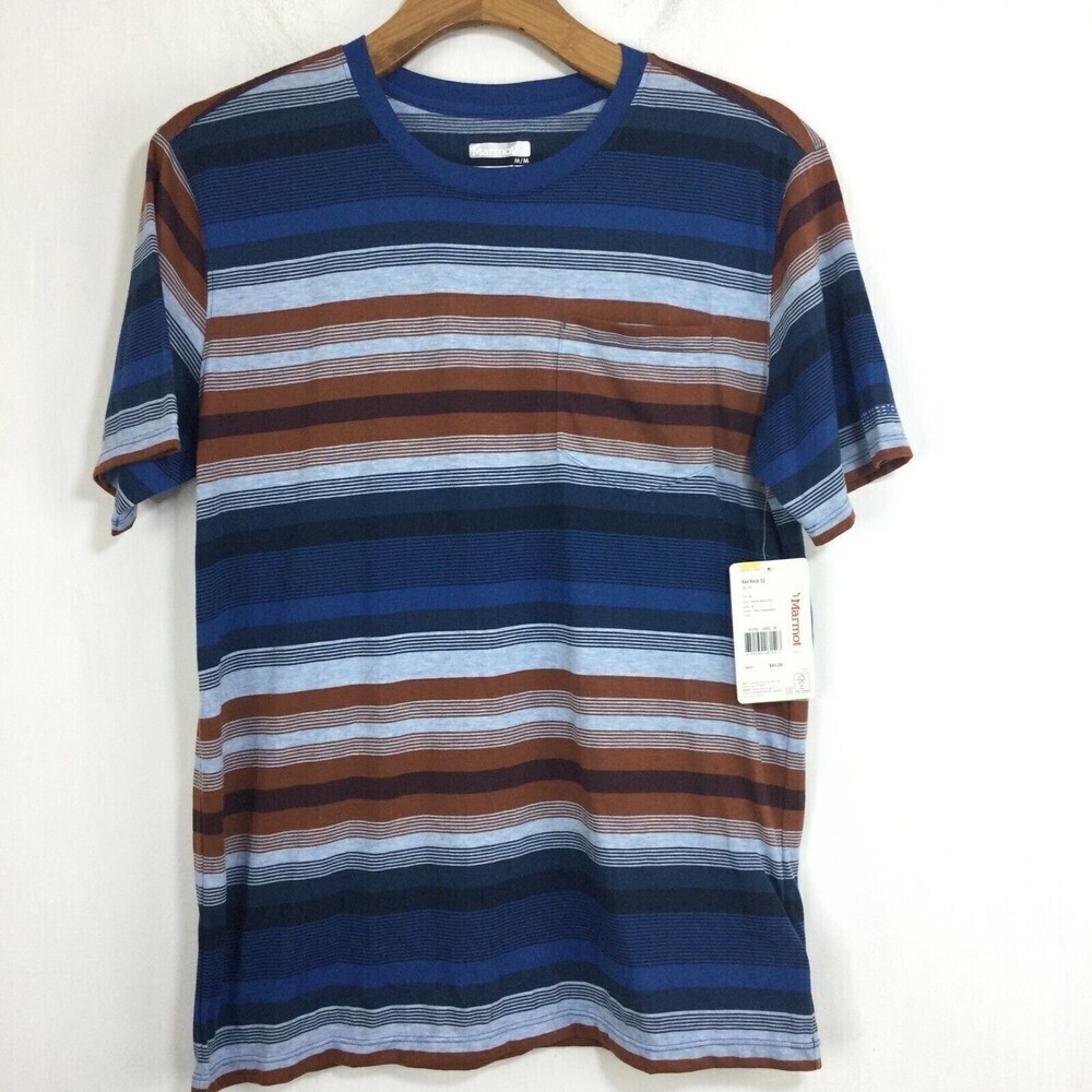Marmot Mens Red Rock Short Sleeve Stripe T-Shirt Varsity Blue UPF 30